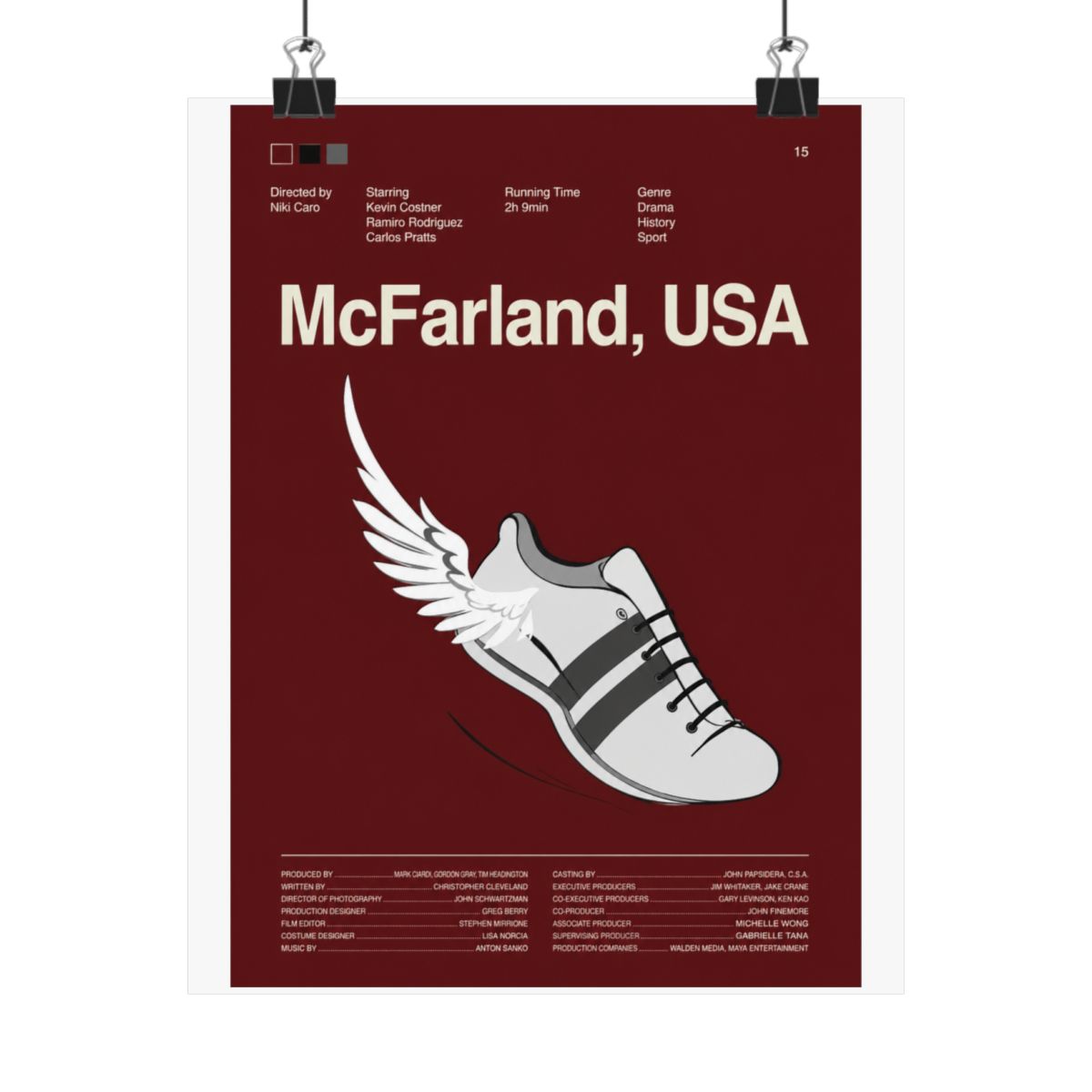 Poster featuring the movie title "McFarland, USA" with a stylized running shoe with wings. The shoe is white with black stripes and laces, set against a burgundy background. The poster is hanging on a...
