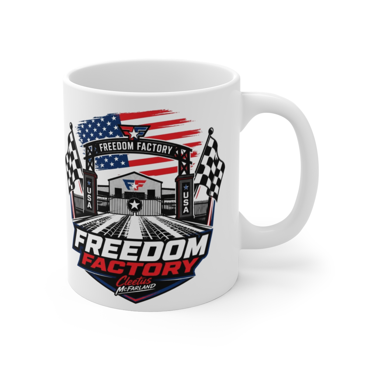 Cleetus McFarland "Freedom Factory" White Mug